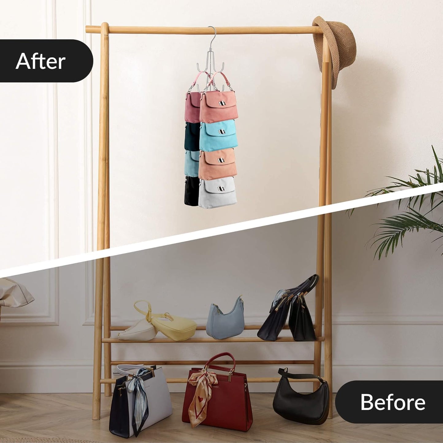 ZEDODIER Purse Organizer for Closet, Rotatable Purse Hanger Bag Holder, Max 8 Storage Capacity Backpack Rack, Metal Space Saving Hanger, Silver