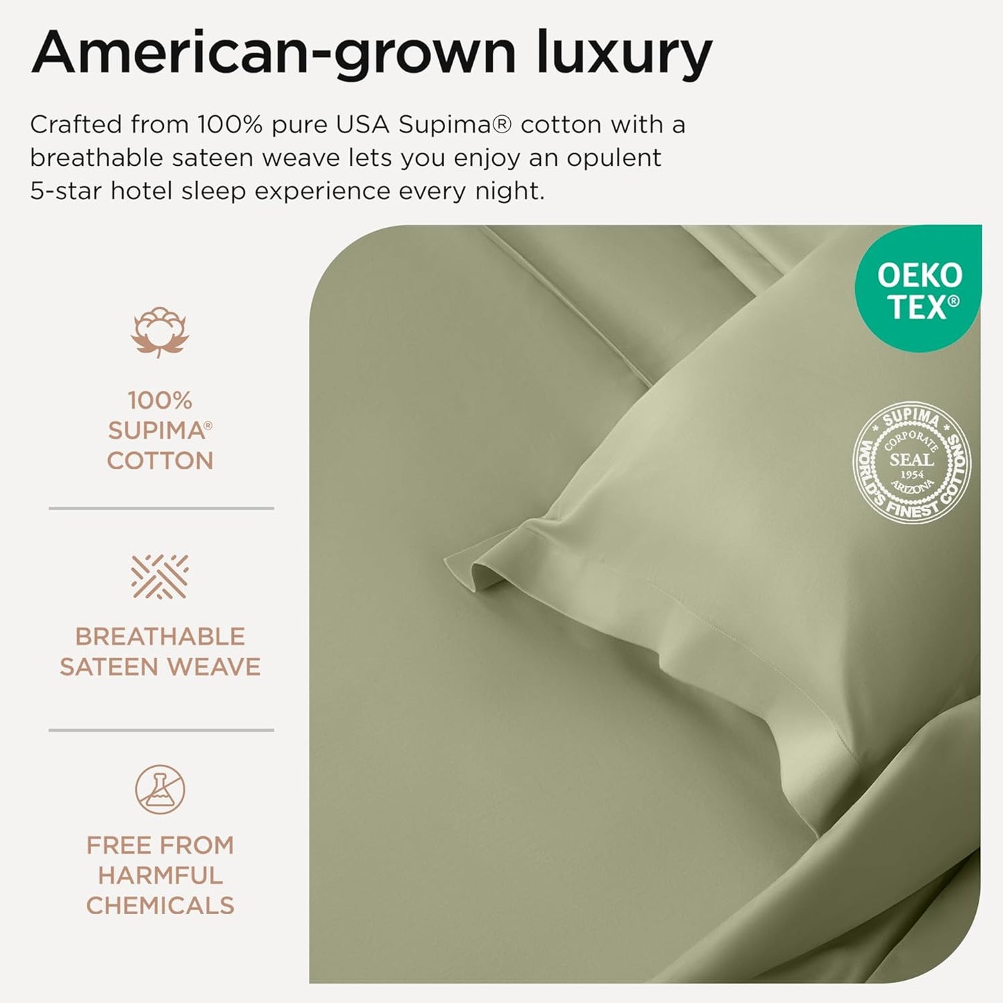 Threadmill Twin XL Sheet Sets | 100% Supima Cotton Sheets for Twin XL Mattress | Solid Sateen Twin XL Bed Sheets Set with 16” Deep Pocket | Soft Breathable 3-Piece Cooling Sheet Set| Sage Green Sheets