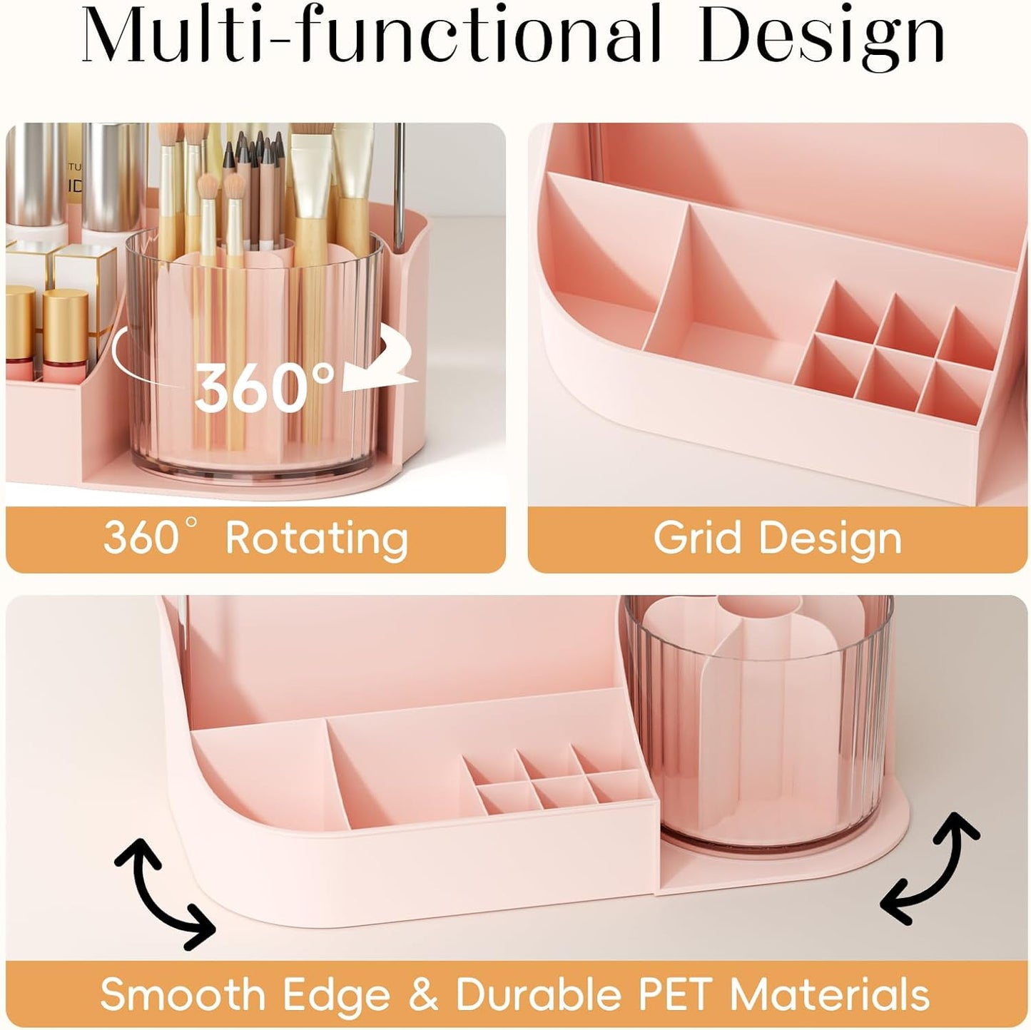 Rotating Makeup Organizer w/Makeup Brush Holder, 2 Tier Bathroom Countertop Organizers, Large Cosmetic Organizer Countertop, Vanity Organizers and Storage for Skincare, Lotion, Lipstick -Pink