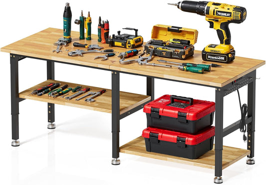 72”Heavy Duty Work Bench, 2-Layer Adjustable Workbench, 5000 LBS Capacity Work Bench with Power Outlet & Pegboard, Rubber Wood Work Table for Garage, Workshop, Office, Home