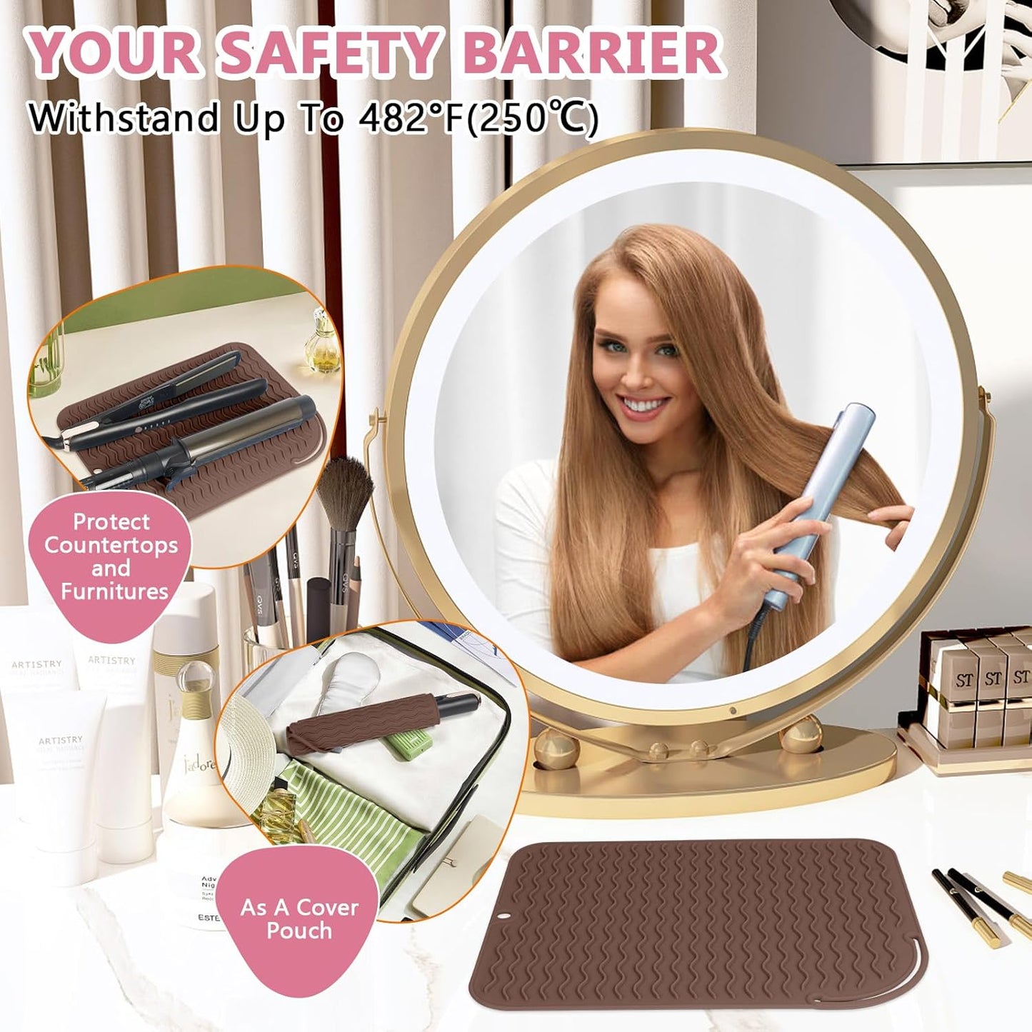 Larger Size Silicone Heat Resistant Mat for Curling Irons, Flat Irons, Hair Straightener and Other Hair Styling Tools, Portable Hot Tools Pad Cover for Travel Vanity Salon(12.0" x 9.0")