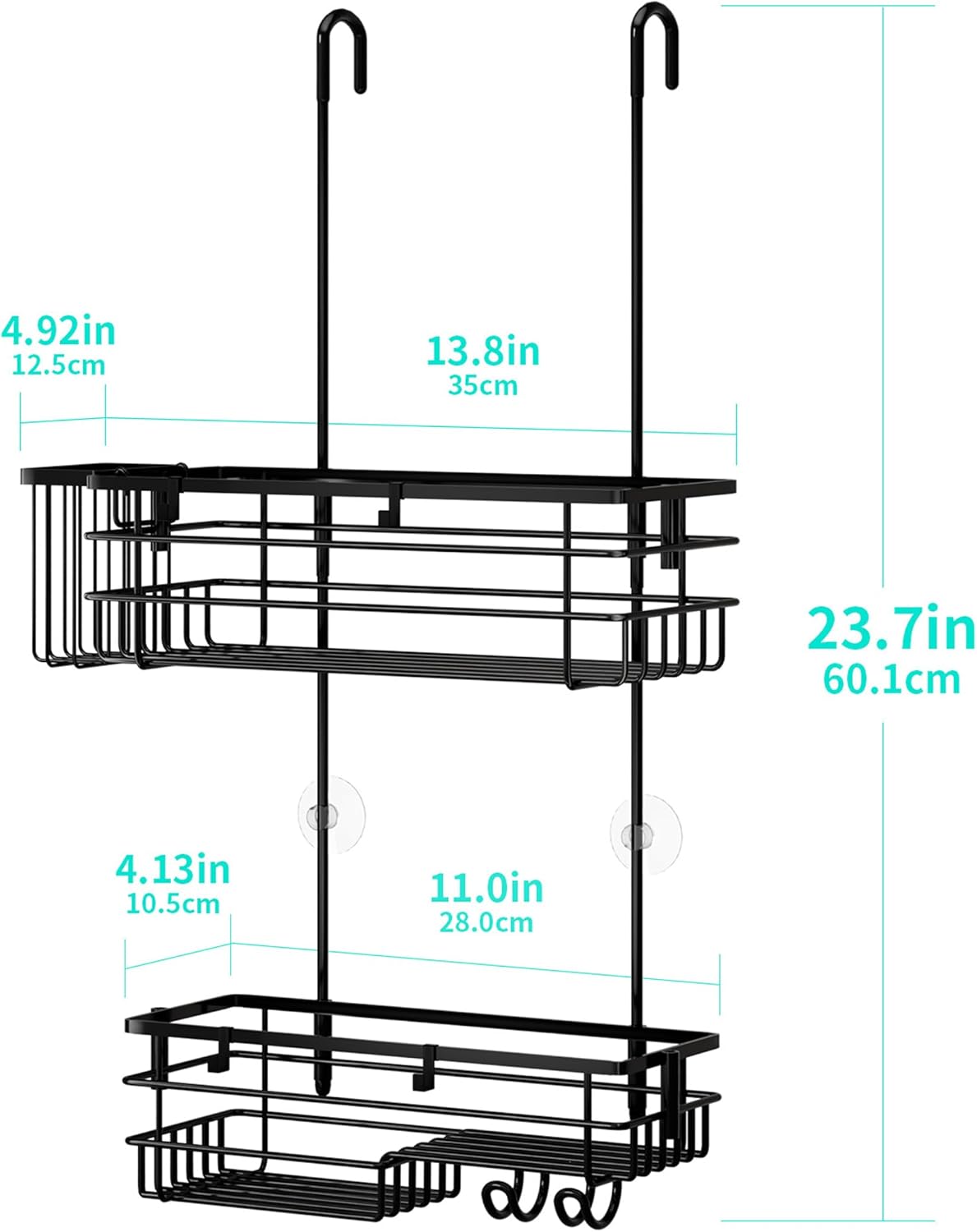 HapiRm Hanging Shower Caddy Organizer - No Drilling Shower Shelves with Hooks and Toothbrush Holder, Rustproof 304 Stainless Steel Bathroom Organizer - Black
