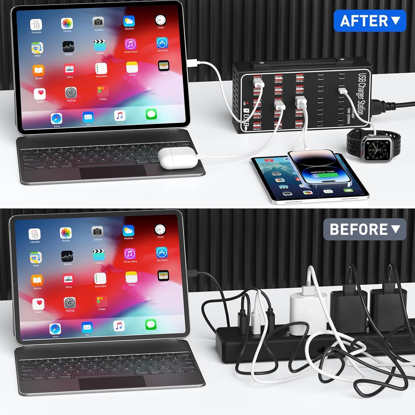 250W Charging Station for Multiple Devices, (20 USB C+30 USB A), Stations for MacBook, iPhone, Android Cell Phone, iPad, Tablet, Family Multi-Device Organizer Charging Dock (Black)