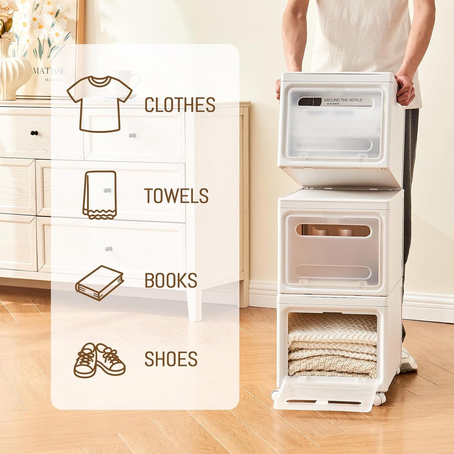 Shoe Box Shoe Storage Box Shoe Storage Organizer ，Under Bed Shoe Storage， With Wheels Stackable (White, 3 Pack)