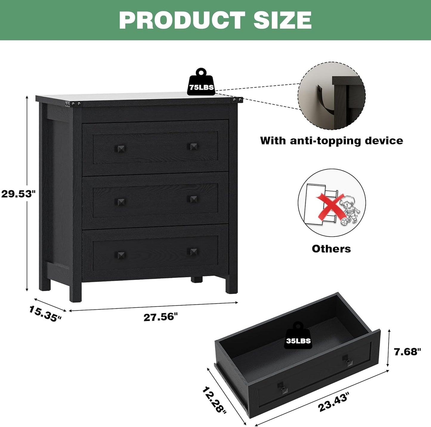 Dresser for Bedroom with 3 Drawers, 27.55" Wide Small Chests of Drawers, Farmhouse Wood Nightstand Bedside Cabinet End Table, Modern Closet Storage Organizer for Living Room, Entryway, Hallway, Black