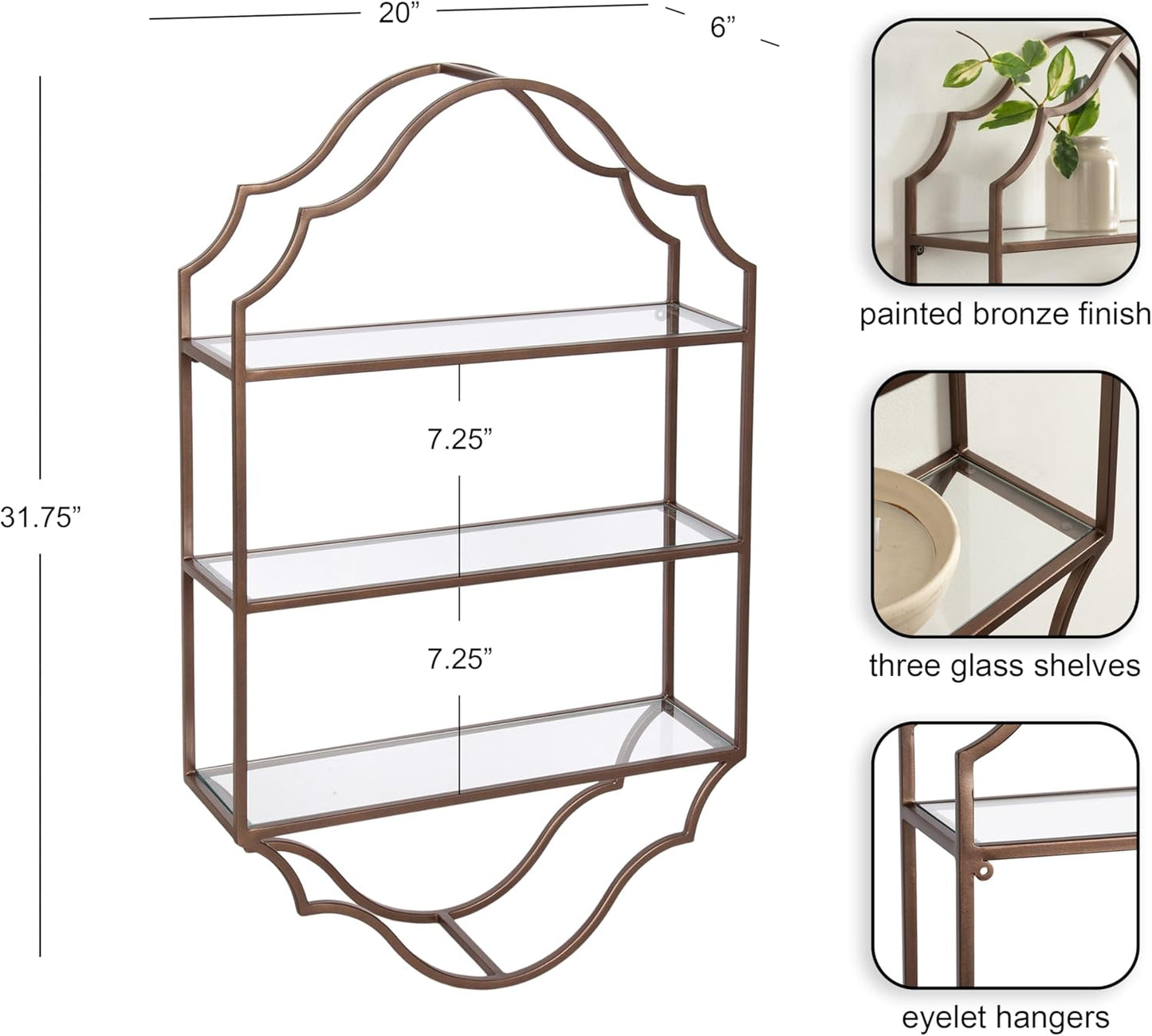 Kate and Laurel Leanna Scalloped Three-Tiered Wall Shelf, 20 x 6 x 32, Bronze, Decorative Floating Shelf Storage and Wall Organizer for Bathroom Over Toilet Storage or Display