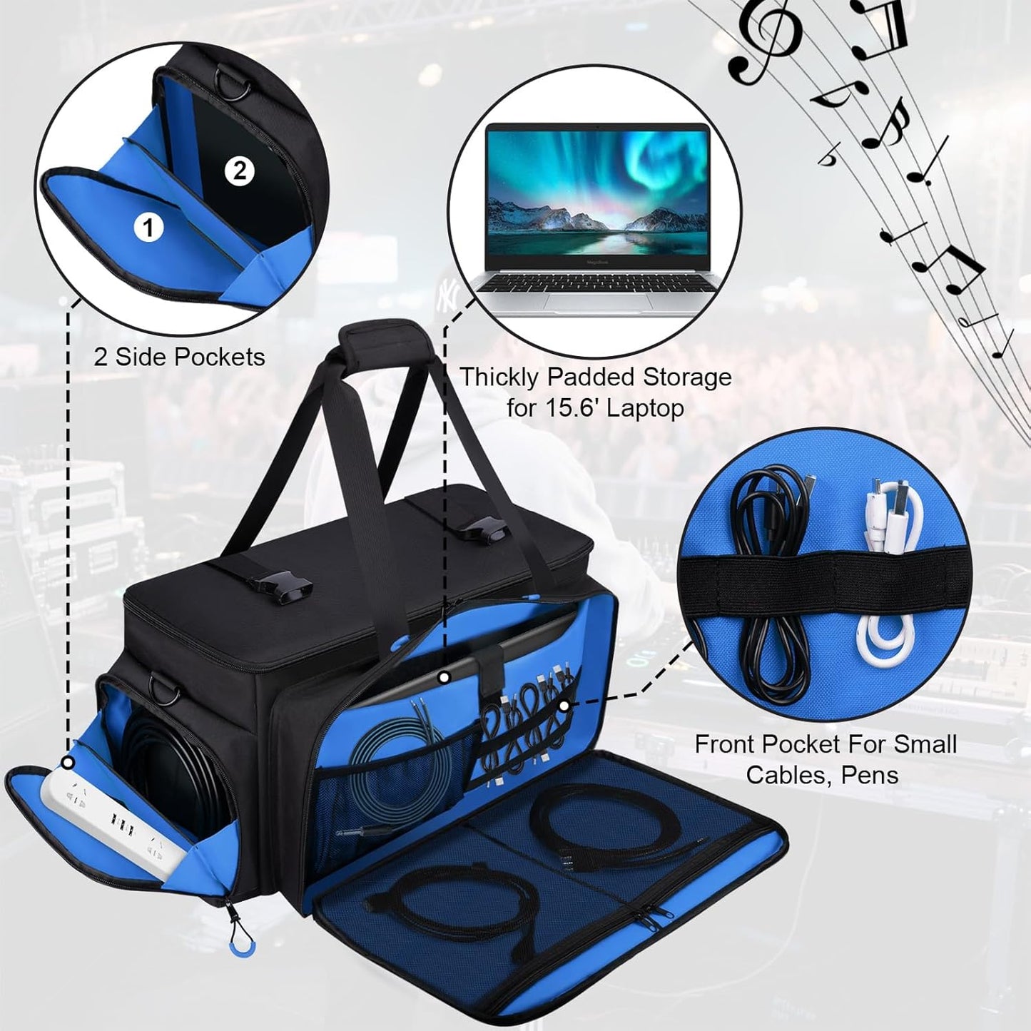 Large Dj Cable Bag with Laptop and Microphone Pocket, Dj Bag for Equipment and Music Accessories with Detachable Dividers, Bottom Pad, Dj Gig Bags for Musicians, Professional, Travel, Blue