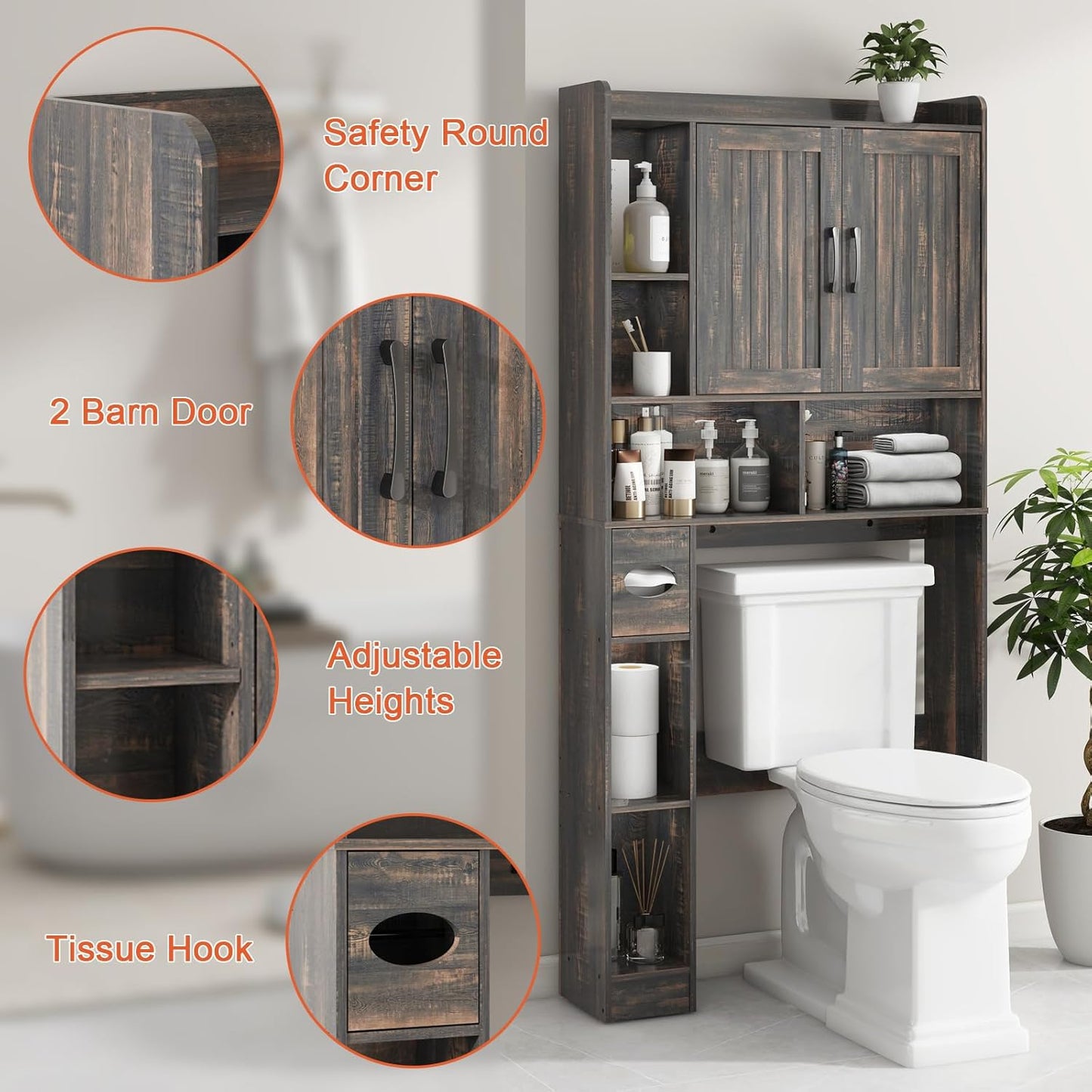 Vabches Over The Toilet Storage Cabinet, Farmhouse Storage Cabinet Over Toilet with Barn Door，Home Space-Saving Toilet Rack, for Bathroom, Restroom, Laundry