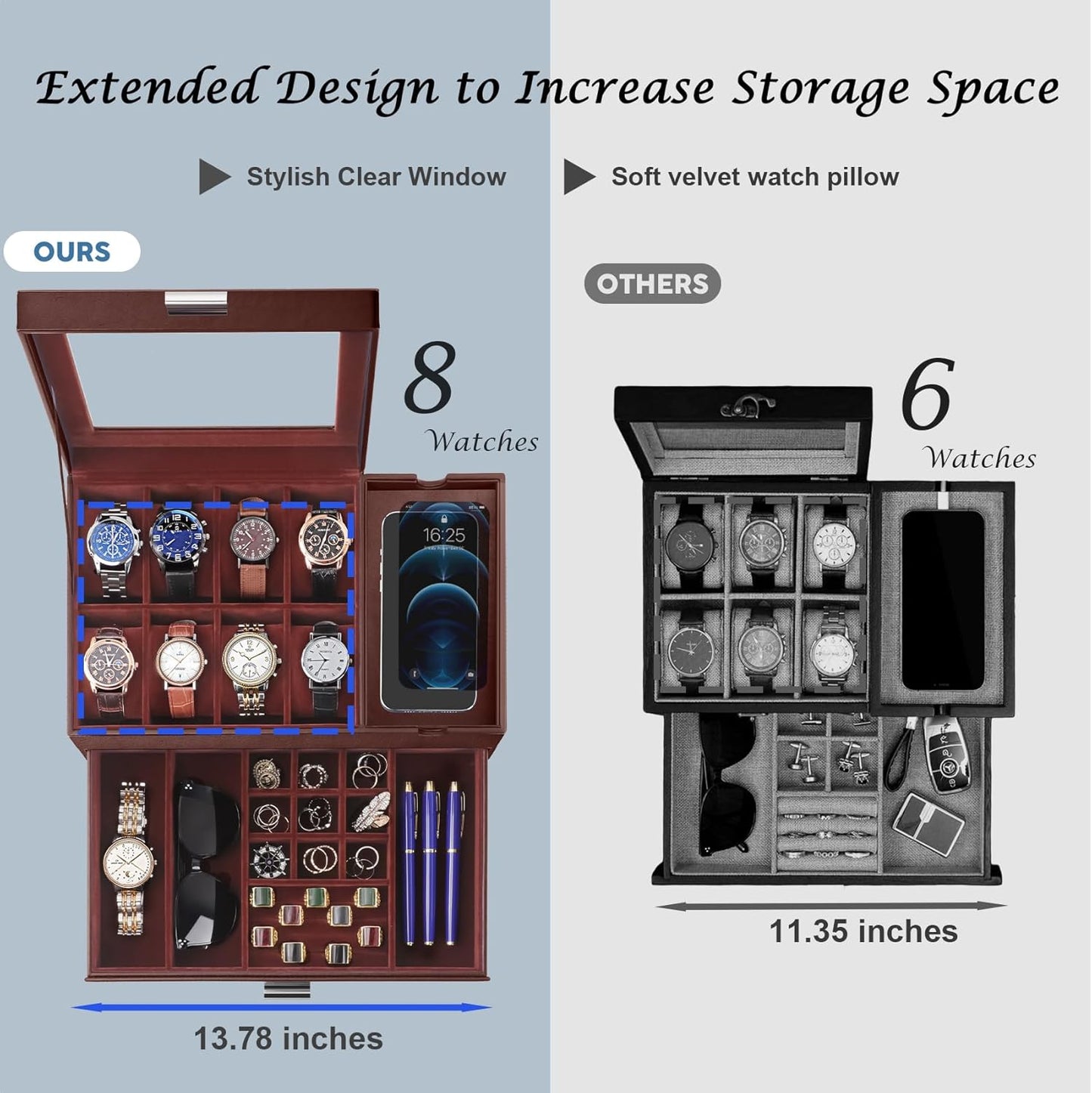 Dajasan Watch Box, Watch Case with Glass Lid, 8 Slot Watch Display Case, Large Watch Holder Organizer, Watch Storage Case for Men Women Boys Husband Dad, Gift Idea, PU Leather (Brown)