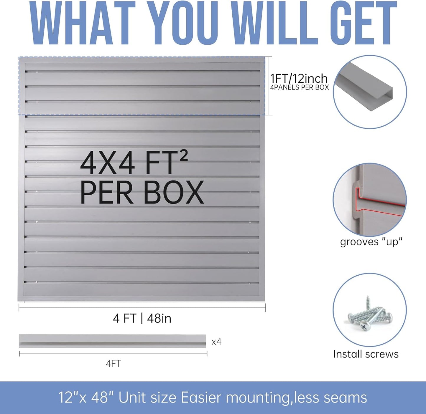 Slatwall Panels Garage Slat Wall Storage Systems 4'x4', Slat Wall Paneling Garage Wall Organizer, Grey Slat Board PVC Wall Panels Slatwall Displays Garage Tool Organizer Wall Mount Ladder Bike Rack