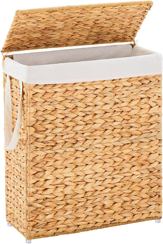 Handwoven Slim Laundry Hamper with Lid, 75L Natural Water Hyacinth Basket and Handles, Narrow Wicker Laundry Basket with Removable Liner Bag & 2 Mesh Bags