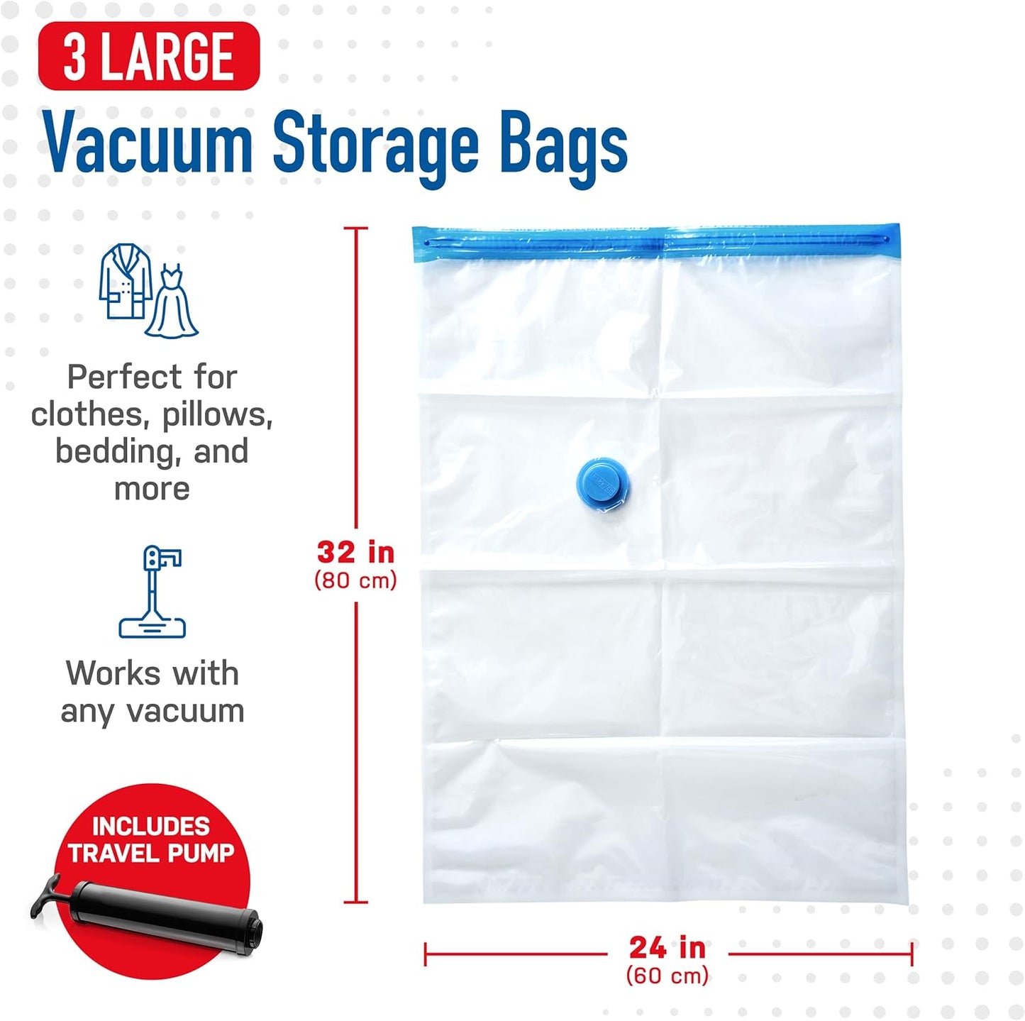 3 Pack Large Vacuum Storage Bags for Comforters, Blankets & Clothes – Vacuum Sealed Compression Bags with Hand Pump – Space Saver Storage Bags for Bedding, Moving, Travel & Organization