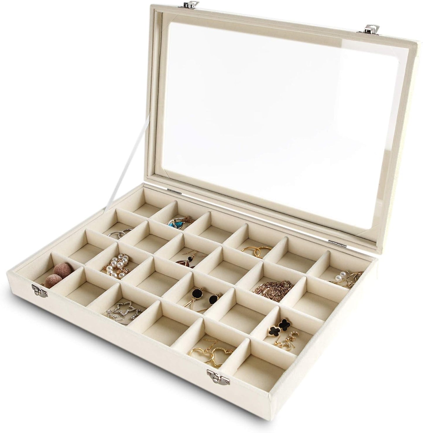 Frebeauty 24 Grid Earring Holder Organizer Tray, Jewelry Organizers and Storage for Drawer,Velvet Jewelry Display Storage for Earrings,Rings,Studs,10.5 x 6.5 x 1.2 Inches Gift for Women (Beige)