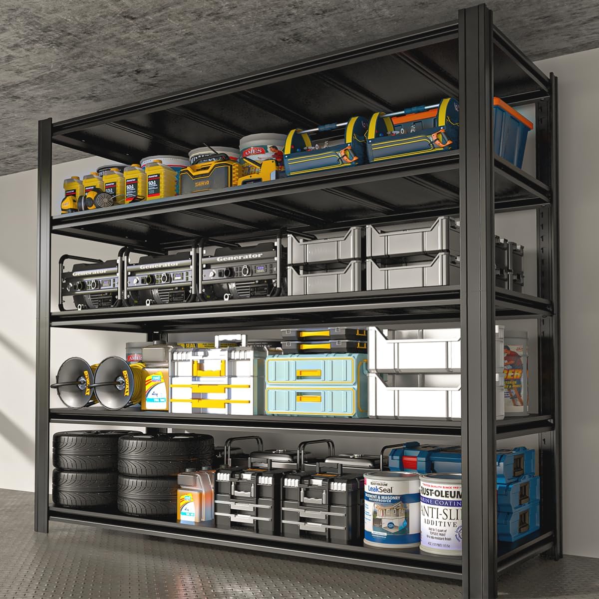 55.12" W Father&I 5-Shelf Industrial Adjustable Heavy-Dudy Tall Metal Steel Garage Storage Shelves Shelving Units/Rack System (Commercial) for Basement/Shop/Dorm, 84" H*55.12" W*24" D*, Black