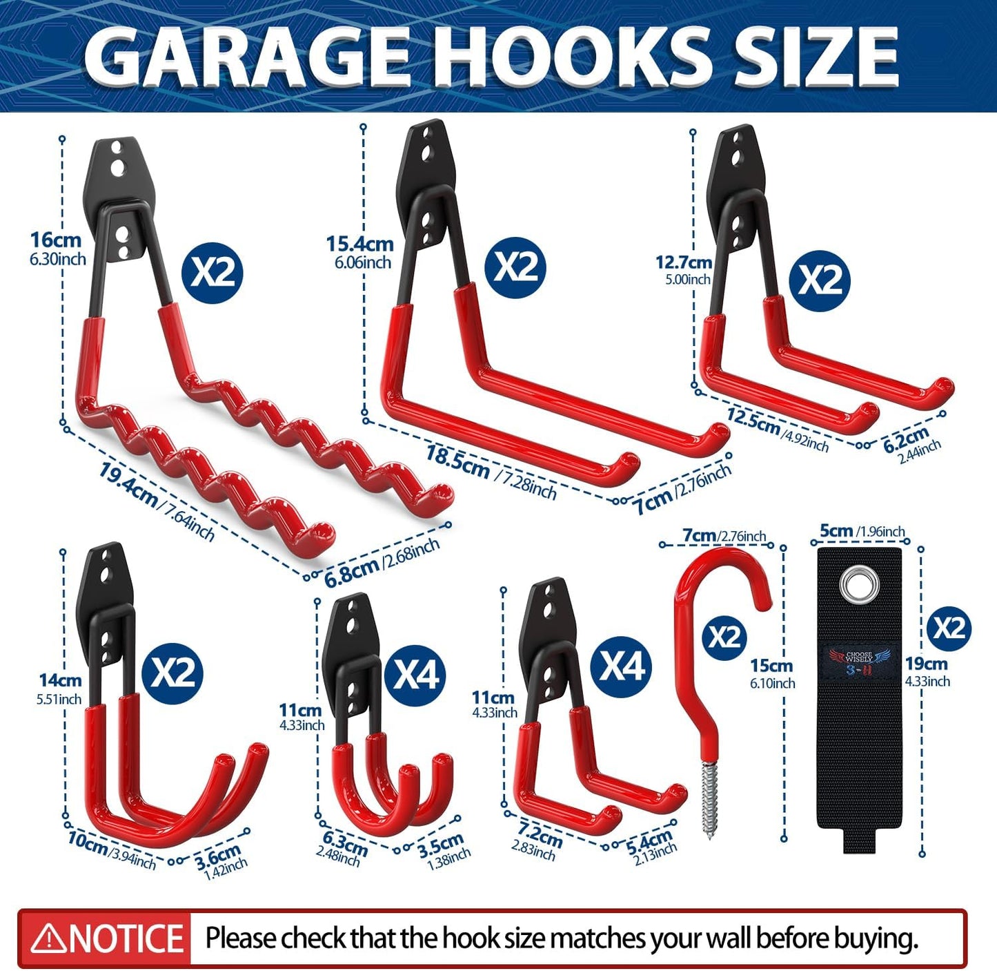 3-H Garage Wall Hooks 60 Pack, Heavy Duty Garage Hooks with Extra Welding Spots, Wall Mount Storage Organizer for Hanging Garden Lawn Tools, Ladder, Bike, WeedEater, Chair, Shovel, Blower (Red)