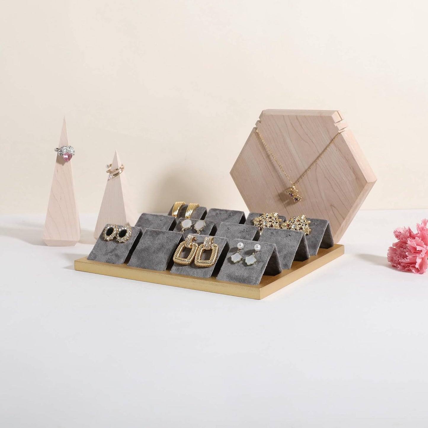 GemeShou Golden coated earring display stand for selling, velvet stud earring holder for jewelry display, Jewlery earring storage organizer tray, studs holder jewelry organizer【Earring holder-Grey】