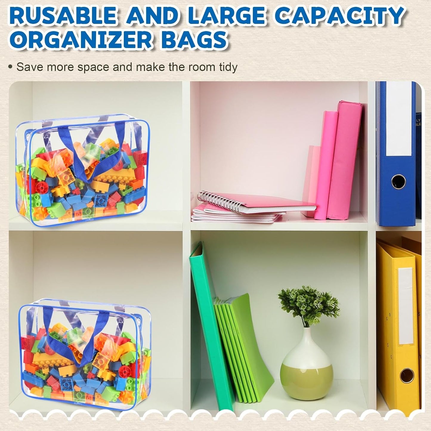 18 Packs Large Toy Storage Bags with Labels, Clear PVC Bags Travel Waterproof Kids Toy Organizer Bags with Zipper for Building Blocks Puzzle Kids Books (Blue-3 Size)