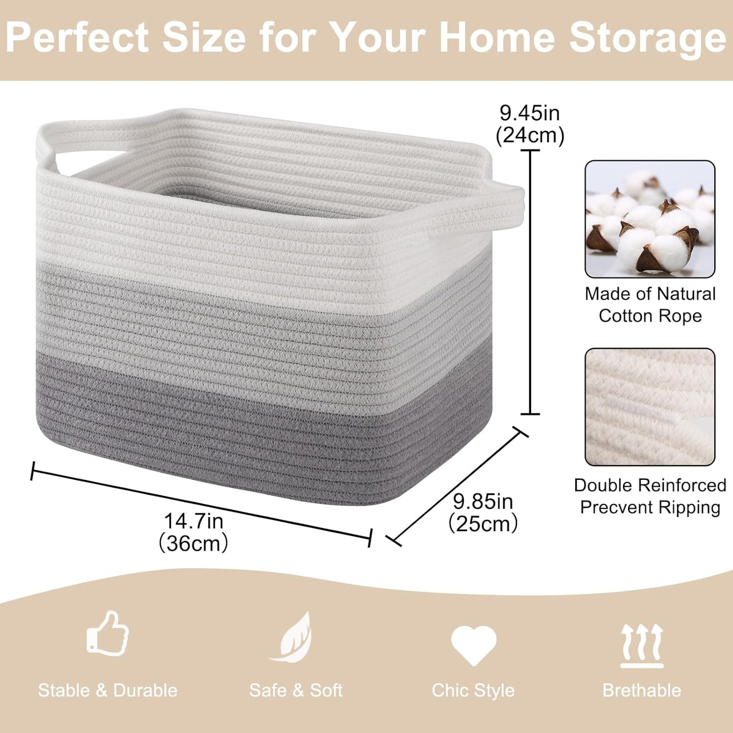 Storage Baskets for Organizing, Woven Baskets for Shelves, Rectangle Decorative Organizer for Storage Clothes, Toy, Books, Towels Nursery Bins 3 Pack (Gradient Grey, 14.17"x9.85"x9.45")