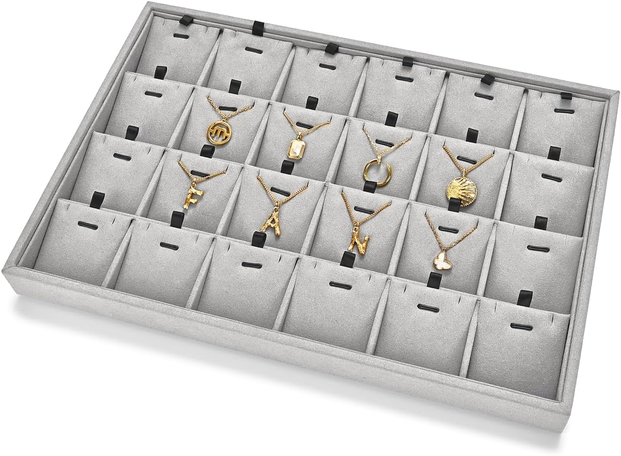 24 Grids Necklace Tray Jewelry Display Tray Necklace Holder Organizer for Drawers With Removable Jewelery Cards Pendant Bracelet Storage Holder (Grey