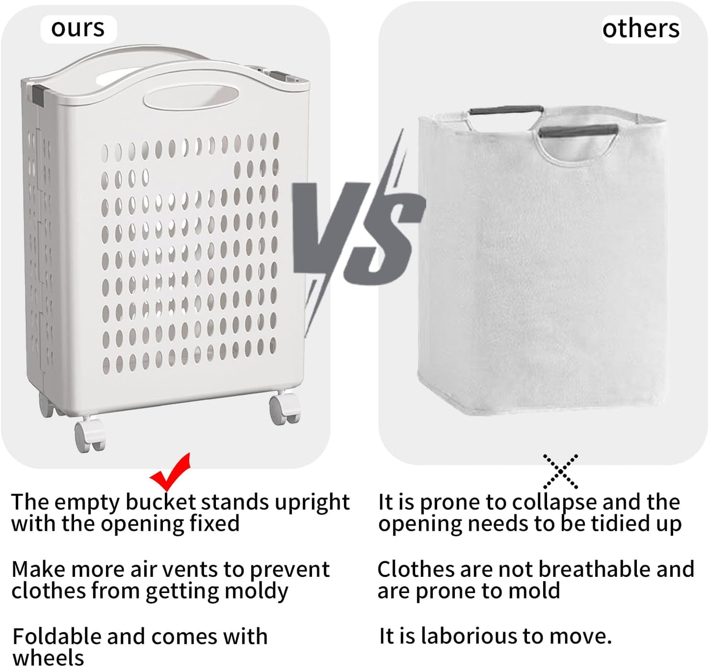Rolling Laundry Hamper with Wheels White Plastic Storage Bin with Handles, 14W×11D×21H Large Capacity for Small Spaces, Bedroom & Bathroom