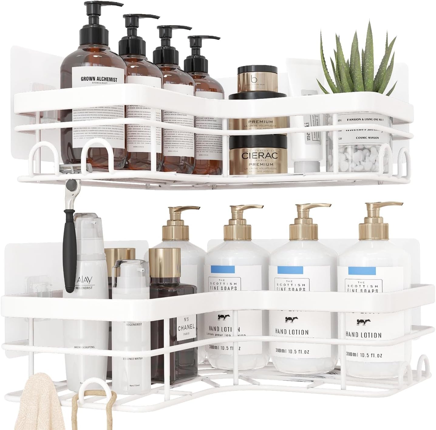 Corner Shower Caddy - 2 Pack, Adhesive Shower Organizers, Rustproof Stainless Steel Shower Shelves with 8 Hooks, No Drilling Bathroom Organizers and Storage Racks, Space-Saving, White, X-Large