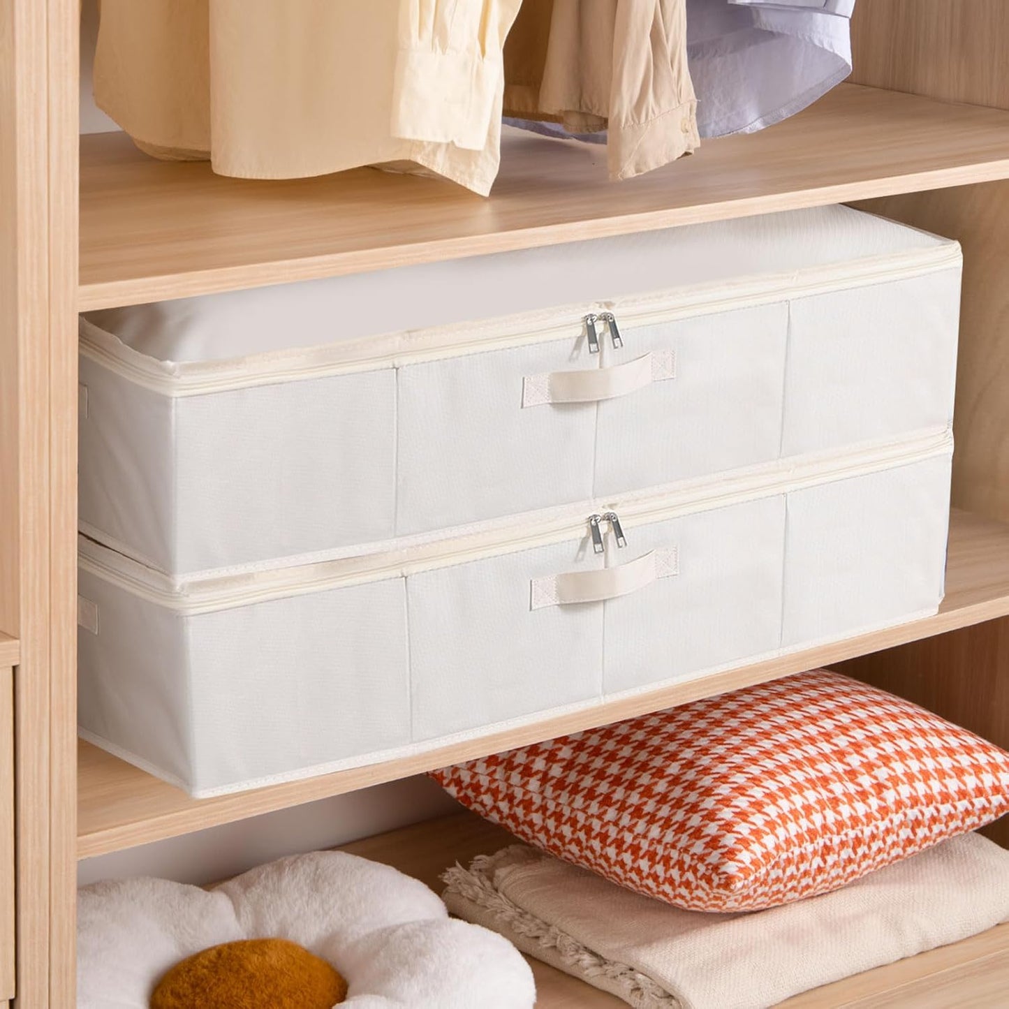 Clothes Organizers, Under Bed Storage Containers, Storage Bins With Lids and Reinforced Handles, Beige, 3 Pack, 23.6 x 11.8 x 5.9 Inch