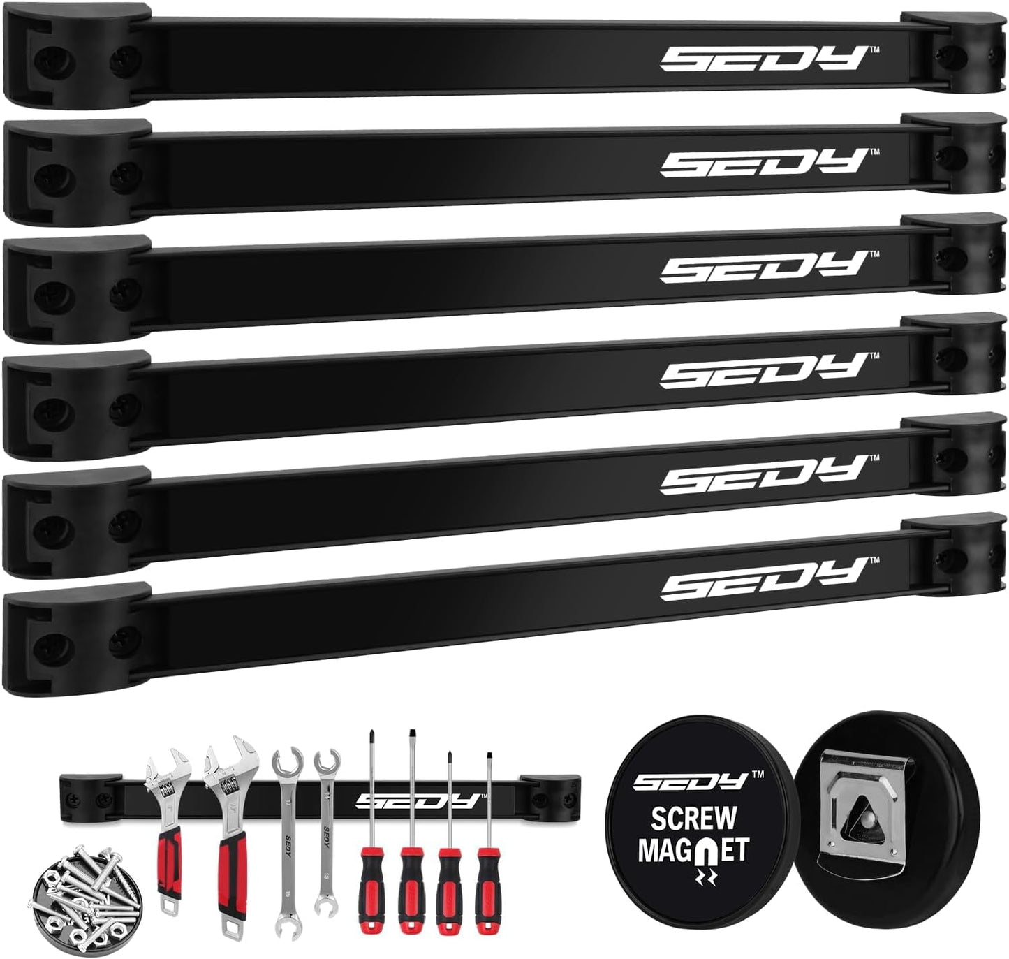 SEDY 7-Piece 12" Magnetic Tool Holder Storage Organizer, Garage Wall Mount Rack Organization Strip Power Magnet Organizers Mounted Workbench Board Slatwall Van Hanger