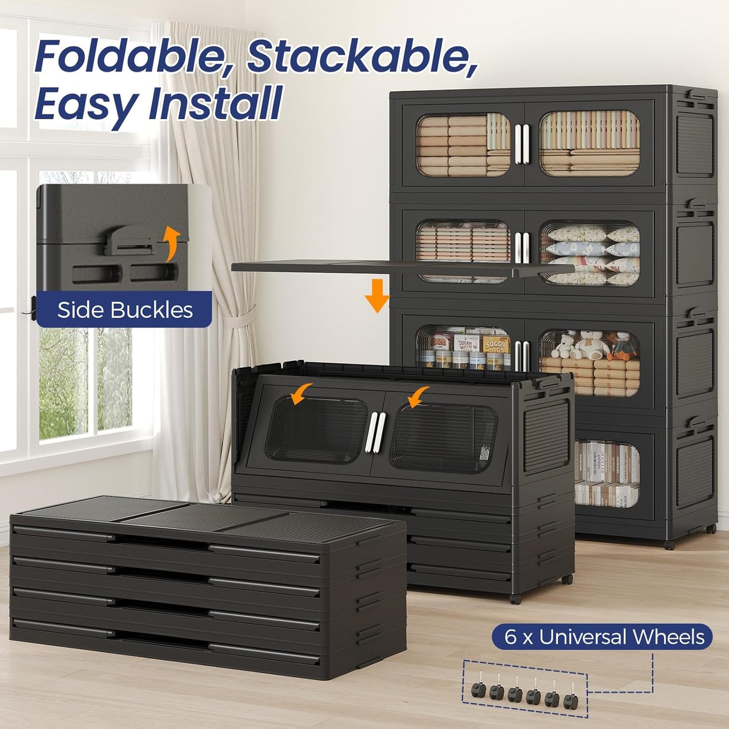 150 Gallon Extra Large Storage Bin with Lid and Wheels, Stackable Collapsible Plastic Storage Box with Door, Foldable Organizer for Closet, Kitchen, Office, Living Room, 3 Pack Black