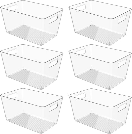 6 Pack Clear Plastic Storage Bins, 11" Large Pantry Organizer Bins with Handles, Plastic Containers for Refrigerator,BPA-Free Perfect for Kitchen,Fridge,Cabinet,Pantry(Cream)