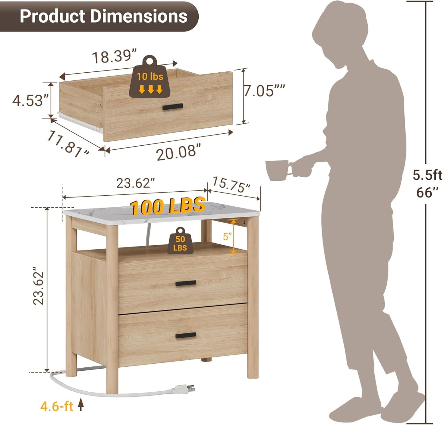 Night Stand with Charging Station, 24" Large Modern Nightstand with Faux Marble Top, 2 Drawers End Table with Solid Round Post Legs & Open Shelf, for Bedroom, Natural Oak