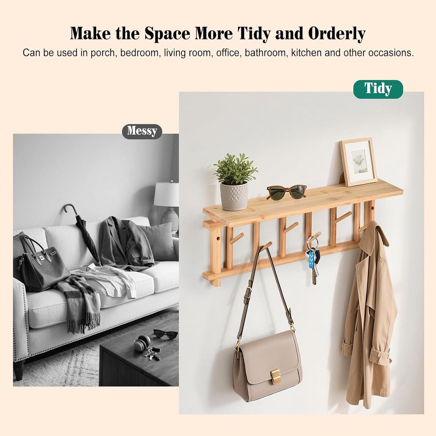 Coat Rack Wall-Mounted with Shelf Coat Hooks Wall Mount with Shelf Entryway Hanging Shelves with 6 Rotating Hooks for Hallway/Living Room/Bedroom/Kitchen (Bamboo)