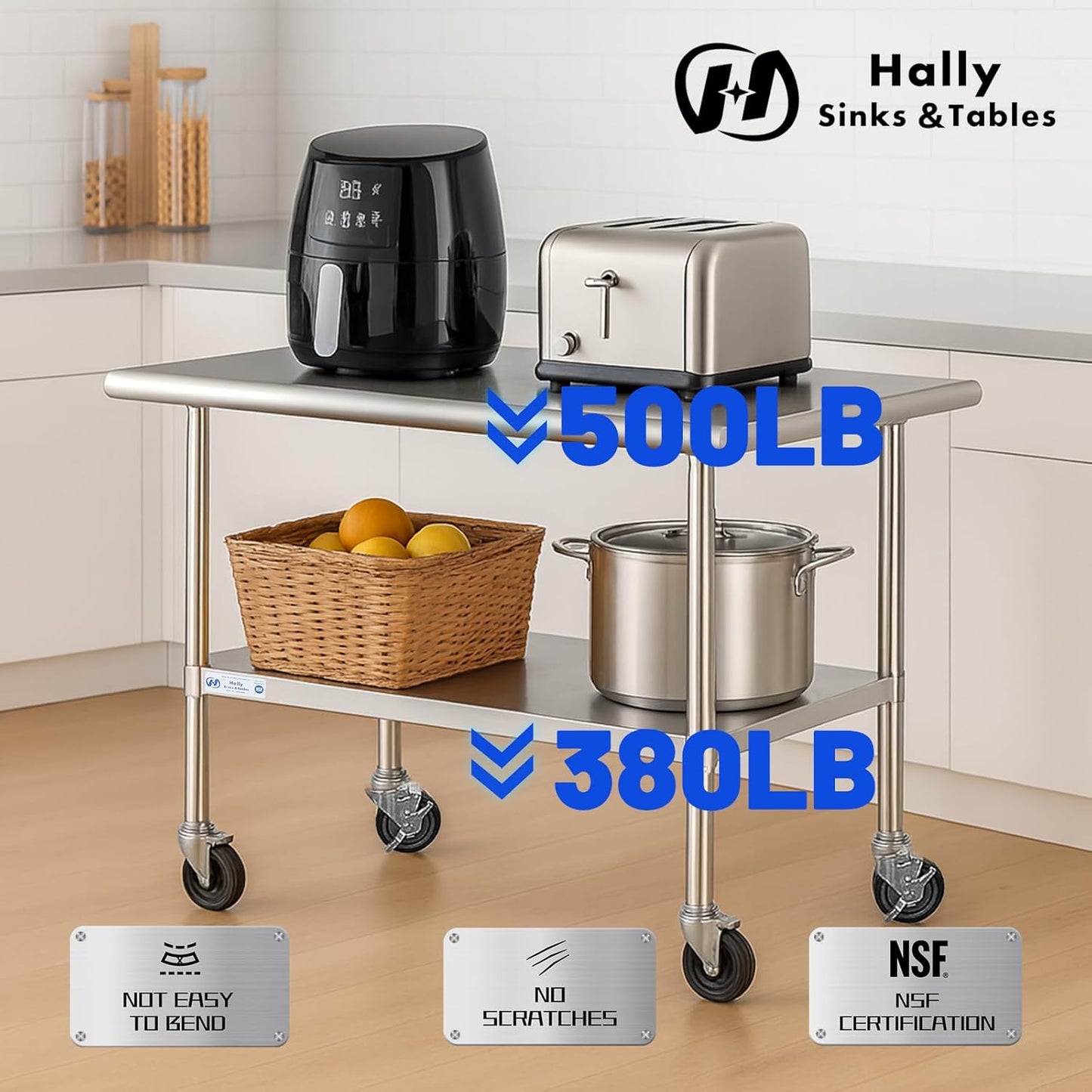 Hally Stainless Steel Table for Prep & Work 24 x 72 Inches with Caster Wheels, NSF Commercial Heavy Duty Table with Undershelf and Galvanized Legs for Restaurant, Home and Hotel