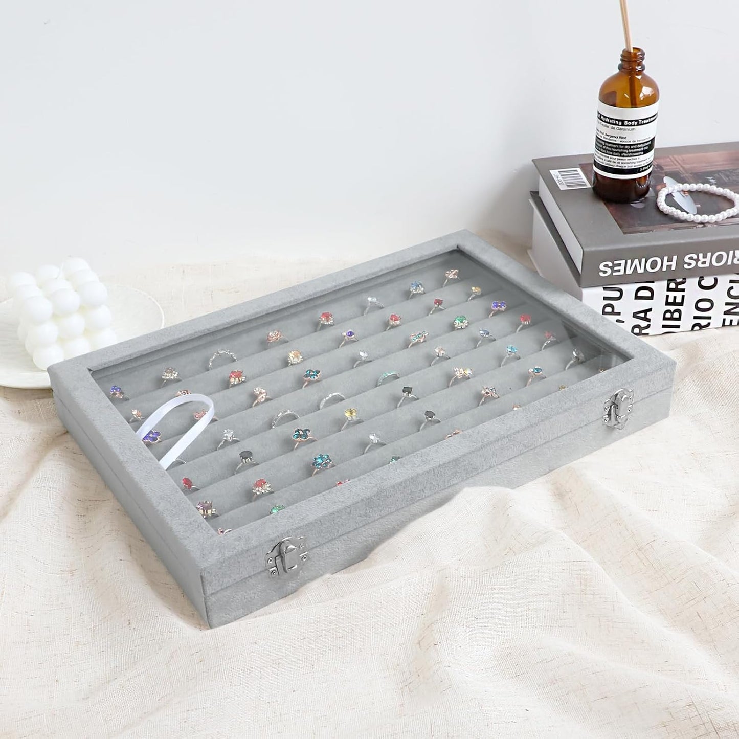 Wudygirl 7 Slot Ring Holder Velvet Jewelry Organizer Jewelry Tray for Drawer Rings Storage Ring Display Showcase Tray Stackable(Ring Box)