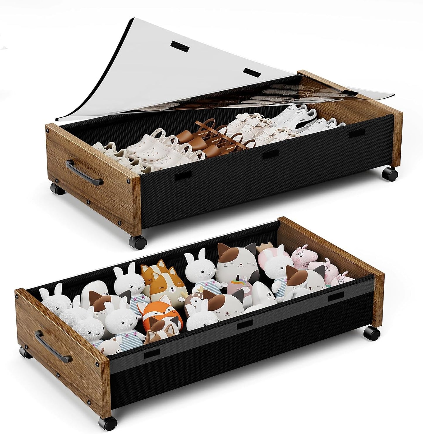 Under Bed Storage with Wheels, Underbed Shoe Storage Containers, Under the Bed Storage Drawers with Lid, Wooden Rolling Blankets Clothes Storage Metal Drawer for Bedroom Dorms Room (Walnut 2pack)