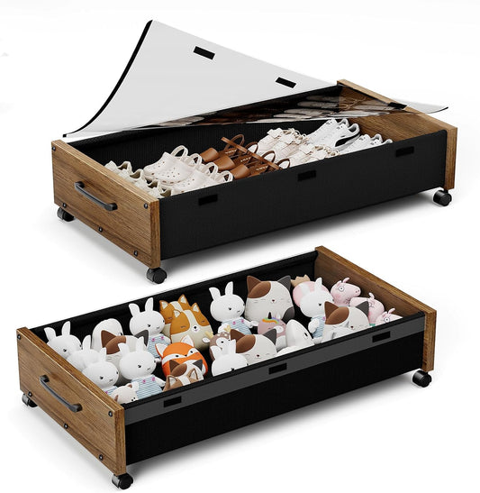 Under Bed Storage with Wheels, Underbed Shoe Storage Containers, Under the Bed Storage Drawers with Lid, Wooden Rolling Blankets Clothes Storage Metal Drawer for Bedroom Dorms Room (Walnut 2pack)