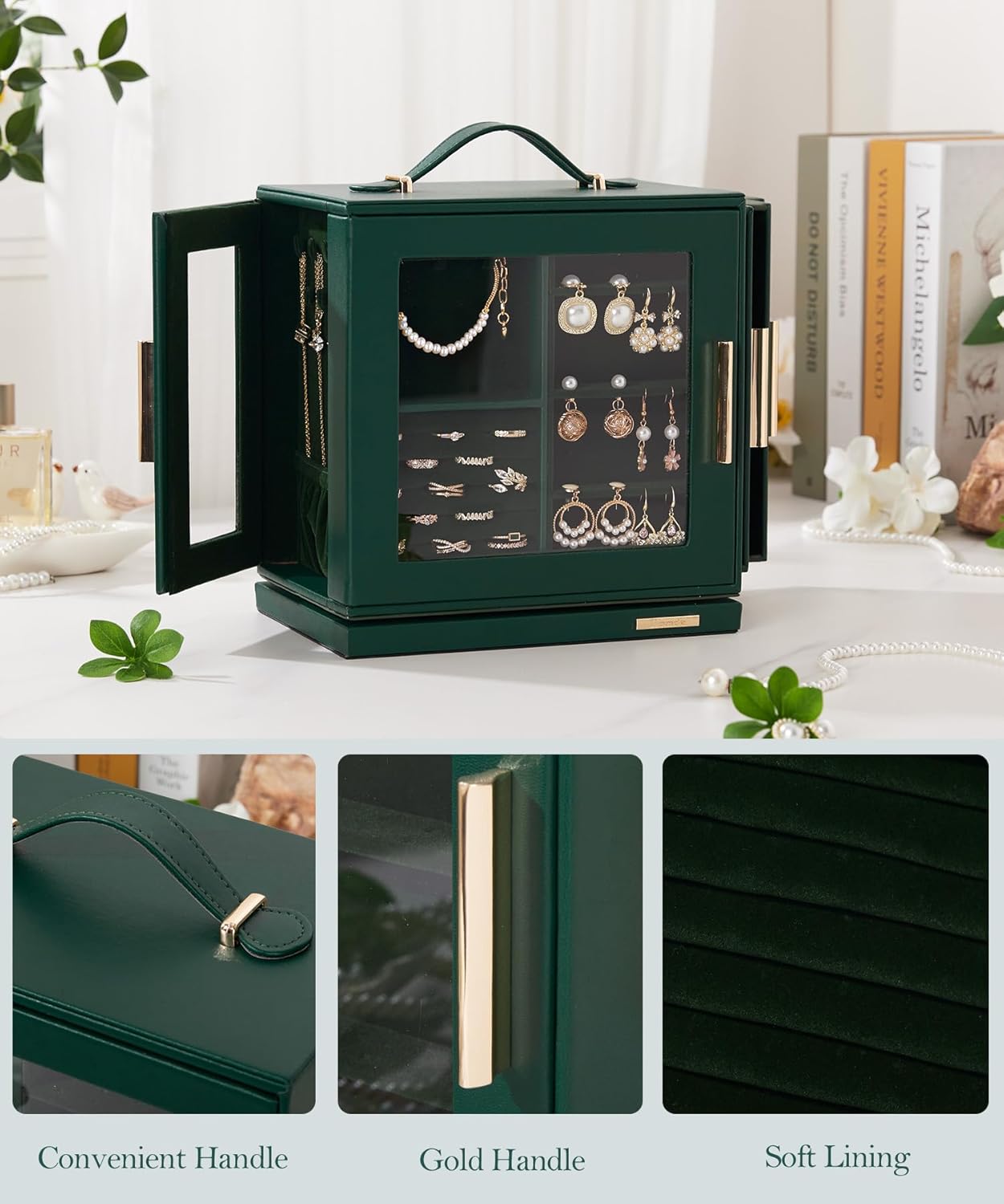 Homde Christmas Gifts Jewelry Box 360° Rotating, Necklace Earring Organizer with Transparent Window, Mirror, 7 Drawers, Large Ring Display Storage Case for Girls Women (Forest Green)