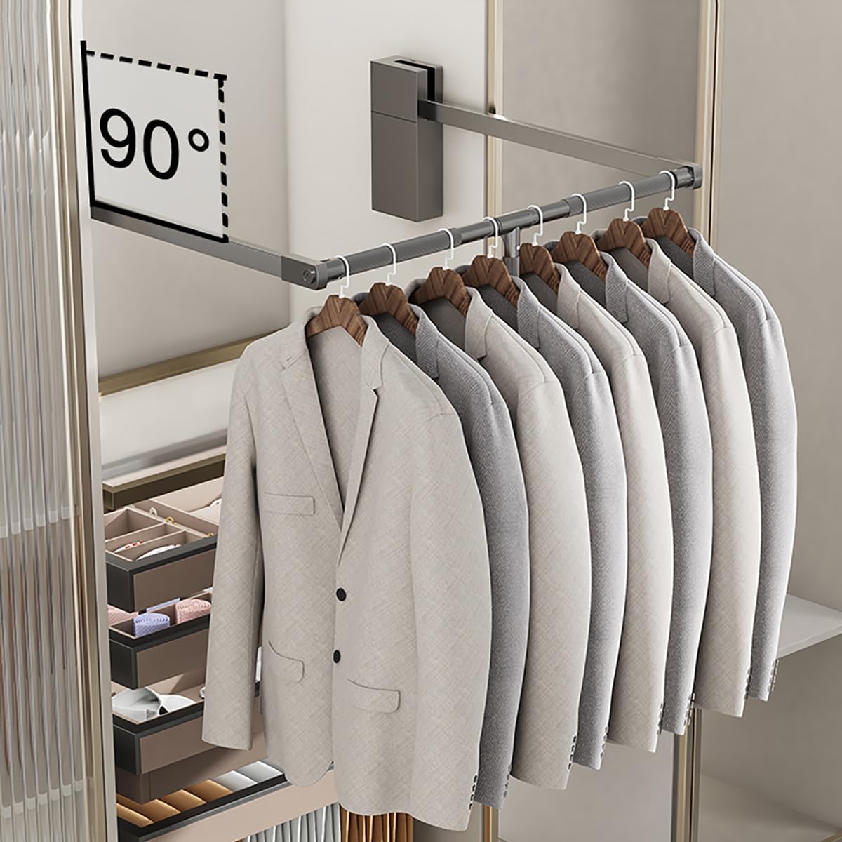 Pull Down Closet Rod for Hanging Clothes, Retractable Wardrobe Hanger for Cabinet Inside Width 26"~35", Aluminium alloy Tubing with Plastic Housing, 44 lb Weight Rating