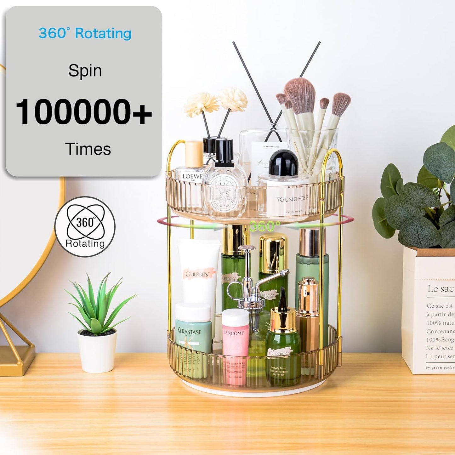360 Rotating Makeup Organizer - Large Capacity Spinning Perfume & Cosmetic Skincare Holder for Vanity & Countertop (Vibrant Orange, 2 Tier)