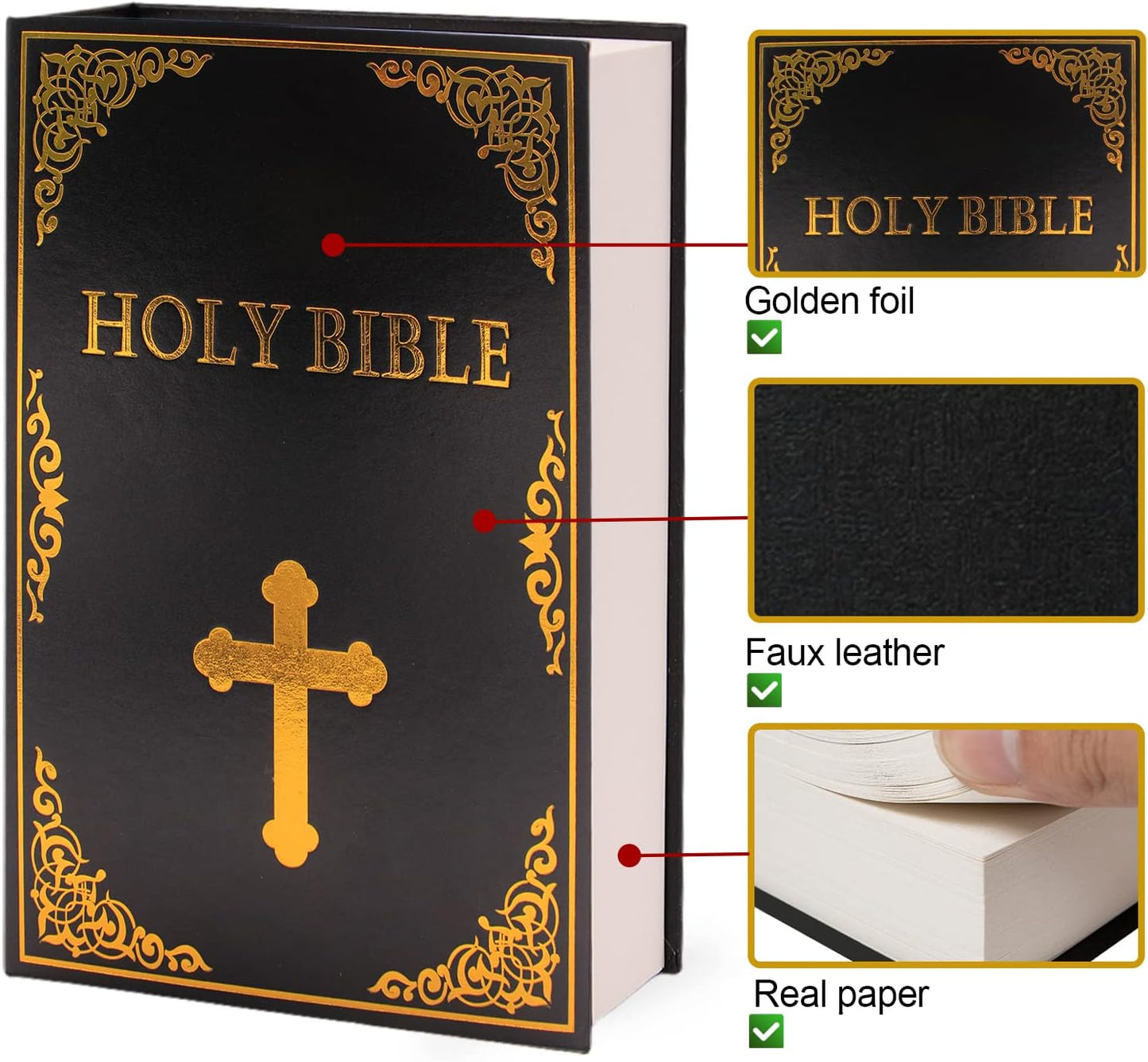 Leather Book Safe (Size 8.7"×6"×2") Real Paper Secret for Jewelry, Money and Cash, Diversion Book Safe,Hollow with Hidden,Key Lock (M, Bible-Key)