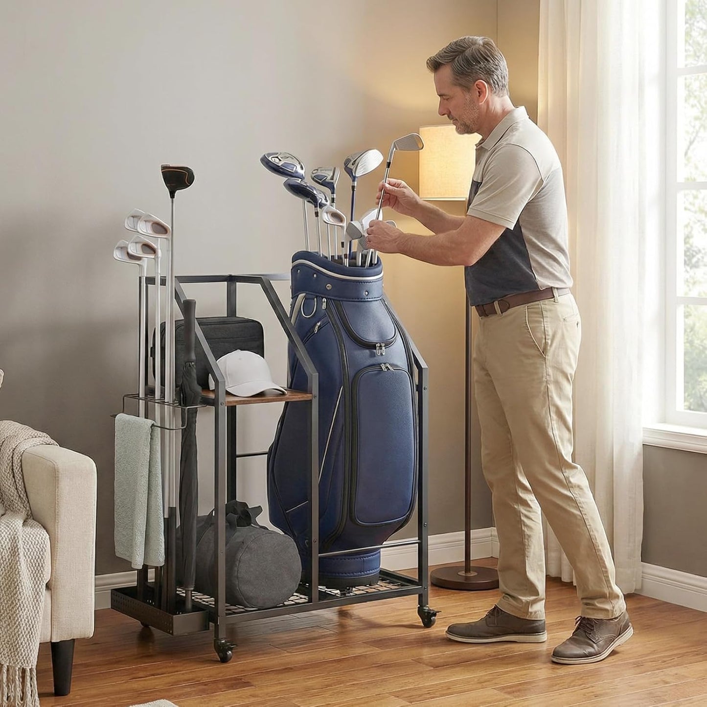 Golf Storage Organizer for Garage, Golf Bag Storage Rack with Wheels, Mobile Golf Club Rack for Garage, Heavy Duty Golf Bag Holder Stand with Rolling Wheels & Multi Storage