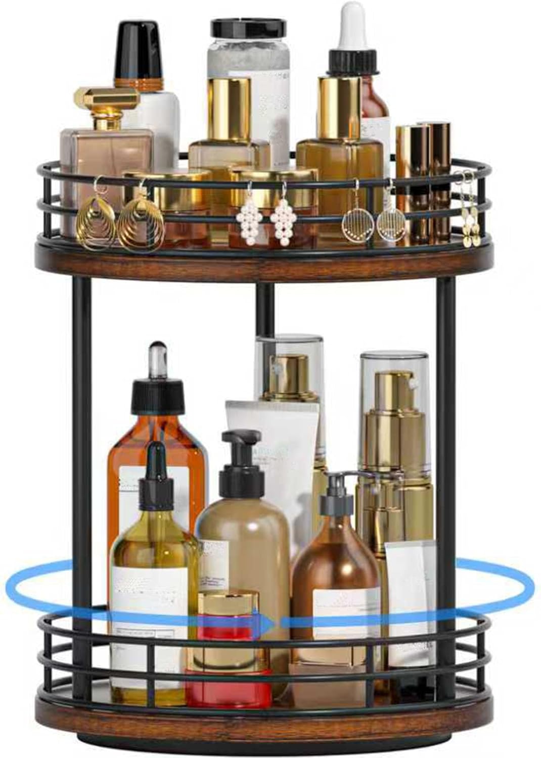 Bathroom Organizer Countertop,2 Tier Rotating Makeup Organizer Countertop for Vanity,Wooden Bathroom Counter Storage Shelf,Vanity Tray for Perfume,Skincare,Cosmetic