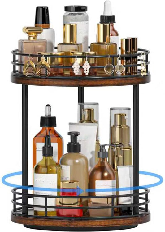 Bathroom Organizer Countertop,2 Tier Rotating Makeup Organizer Countertop for Vanity,Wooden Bathroom Counter Storage Shelf,Vanity Tray for Perfume,Skincare,Cosmetic