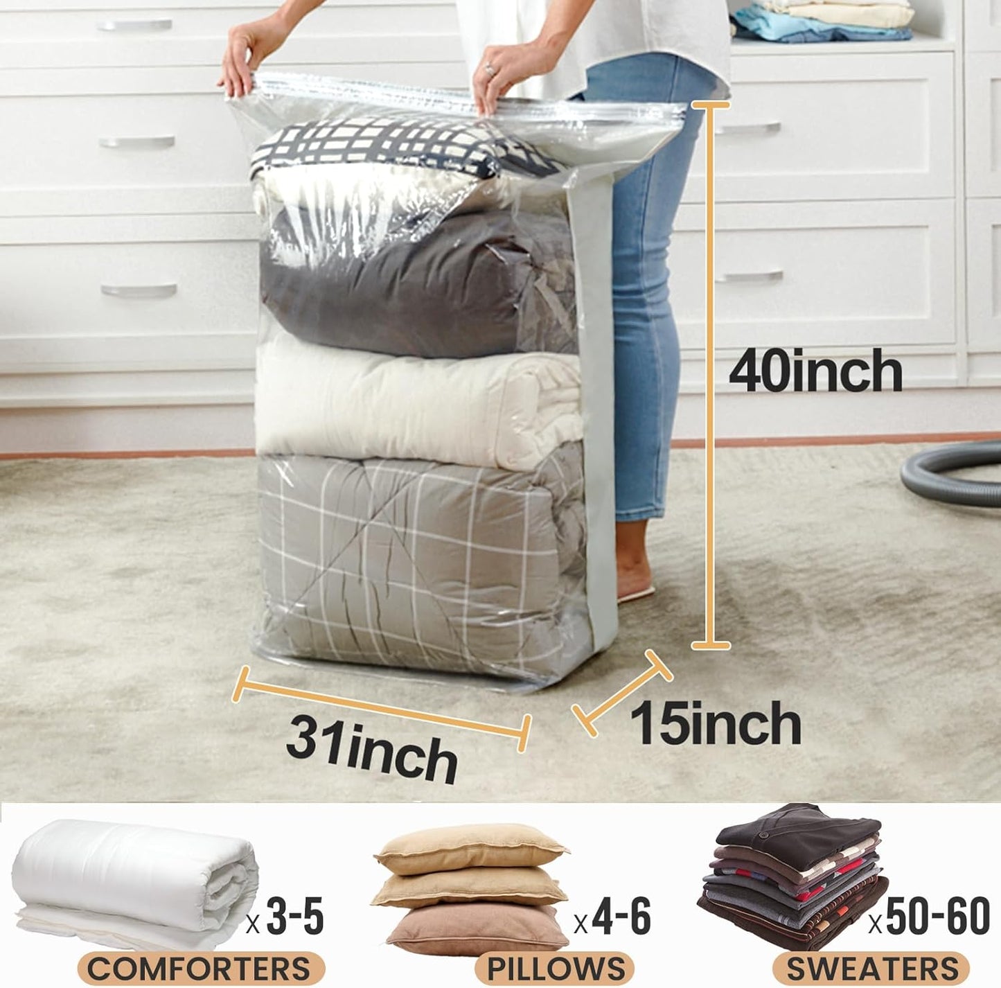 TAILI 12 Pack Vacuum Storage Bags, Space Saver Bags, Jumbo Cube 31x40x15 Inch, Extra Large Vacuum Seal Bags for Comforters, Blankets, Bedding, Clothing, Space Saving Closet Organization, Cream
