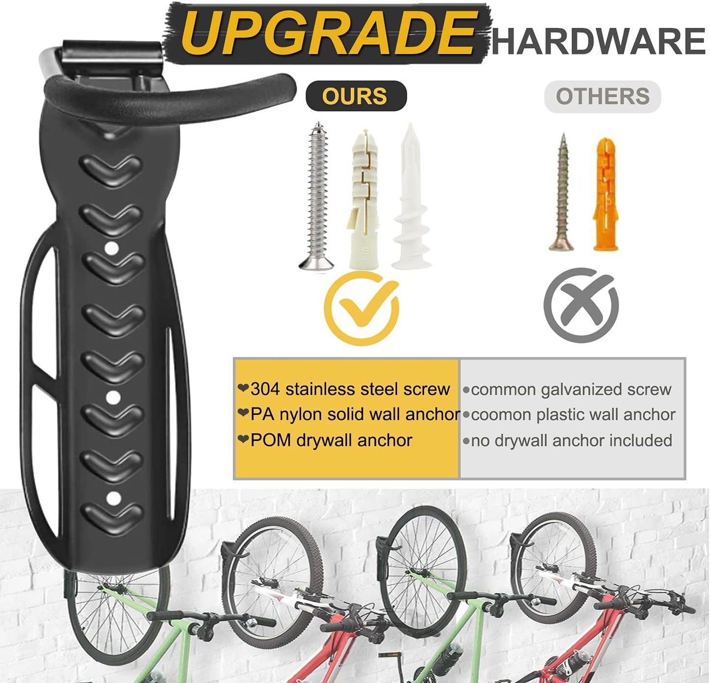 Bike Rack for Garage Wall Mount 4 Pack Vertical Bike Hooks Bicycle Hanging Hooks for Indoor Storage with Non-reversible Hooks