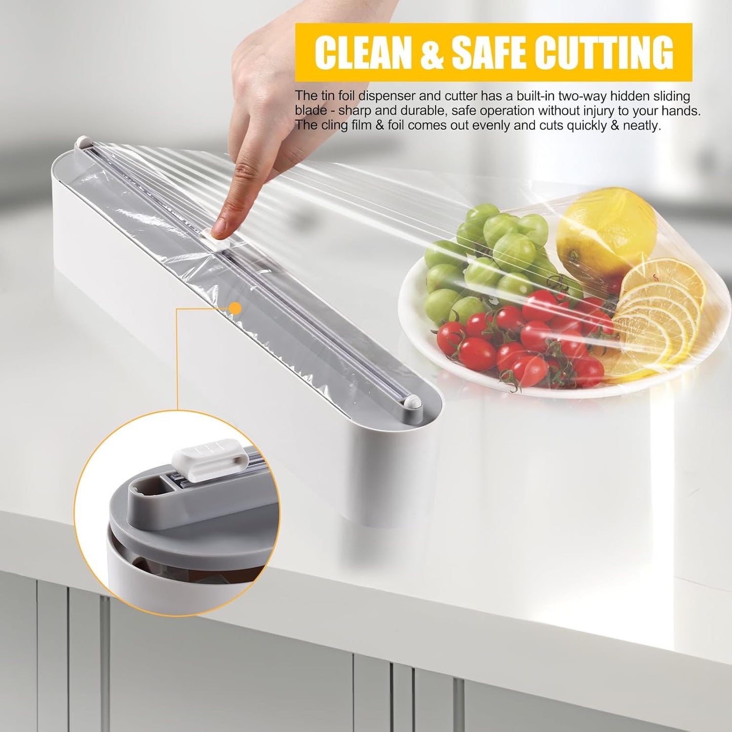Aluminum Foil & Plastic Wrap Dispenser with Slide Cutter - Magnetic & No-Drill Wall Mount, Cling Film Dispenser for Worktops & Cabinets, Space-Saving Kitchen Organizer - Fits 12" Rolls, White