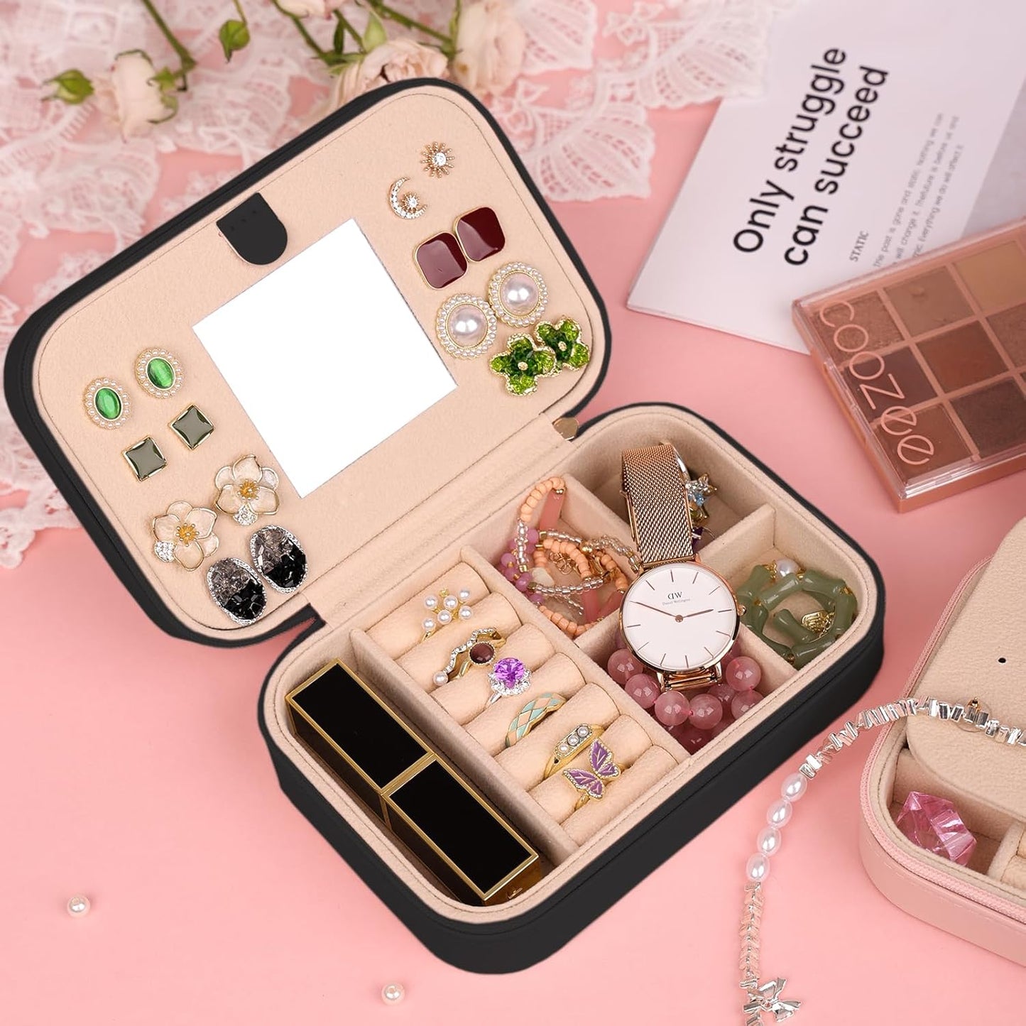 TopPerfekt Travel Jewelry Case, Jewelry Box with Mirror, Jewelry Organizer Bridal Shower Gifts to Her, Earring Storage Travel Case, Trendy Gift for Women and Girls, Girlfriend-Letter K, Black