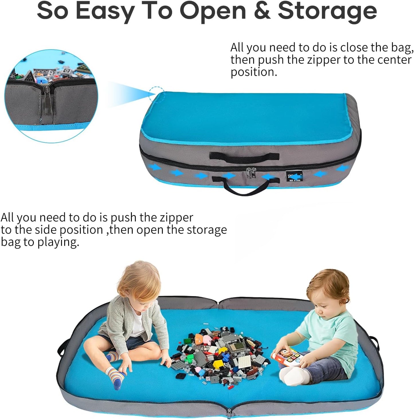 Toy Storage Organizer & Play Mat for Building Bricks & Blocks - Toy Storage Bags Play Mat with Zipper - Easy to Keep The Kids Rooms Neat & Tidy - 45 Inches Large Size - Blue