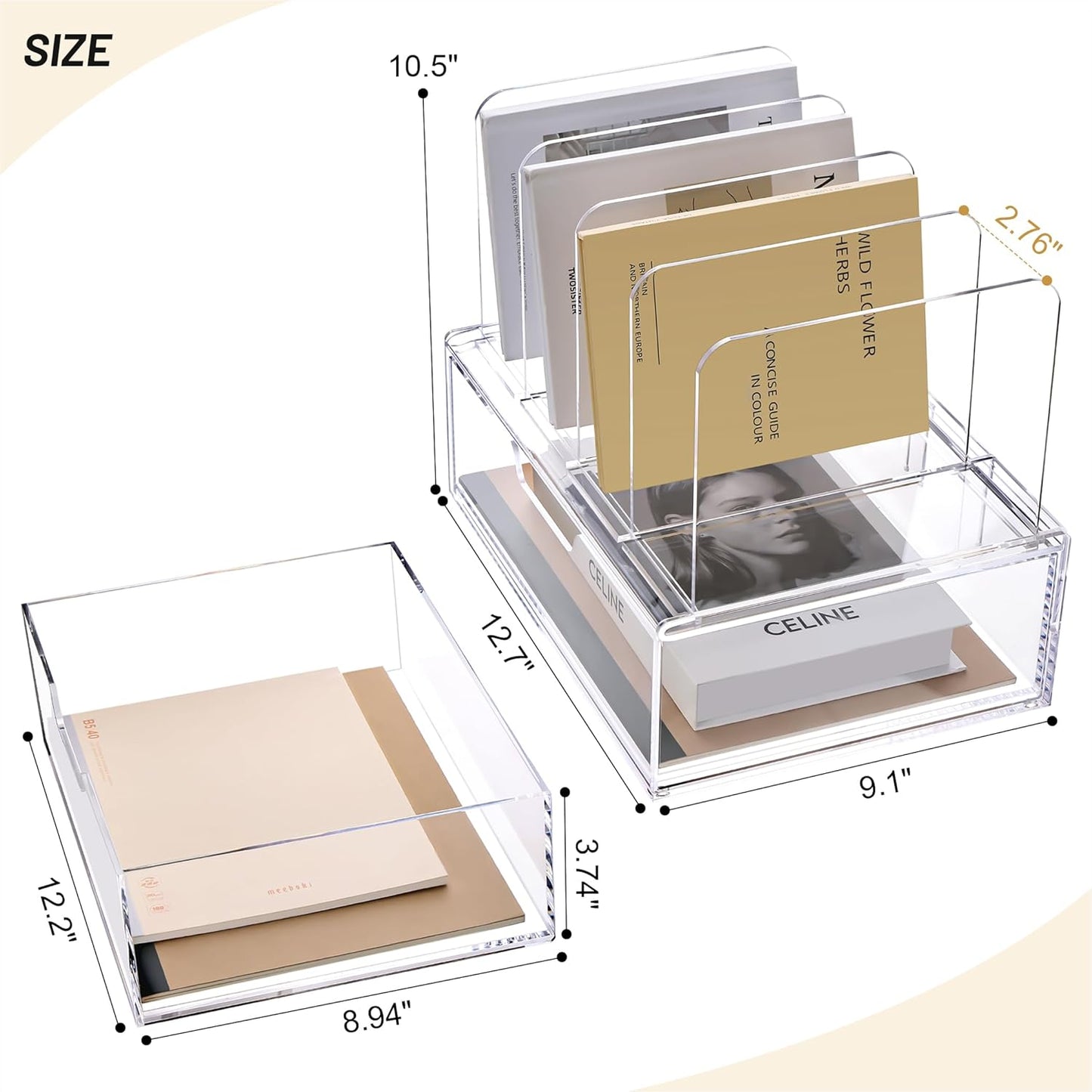 YUXUN Desk Organizer with Drawers, Acrylic File Organizer with 4 Vertical File Holders and 1 Sliding Drawer,Multifunction Desktop Accessories Storage for Home Office&School, Clear