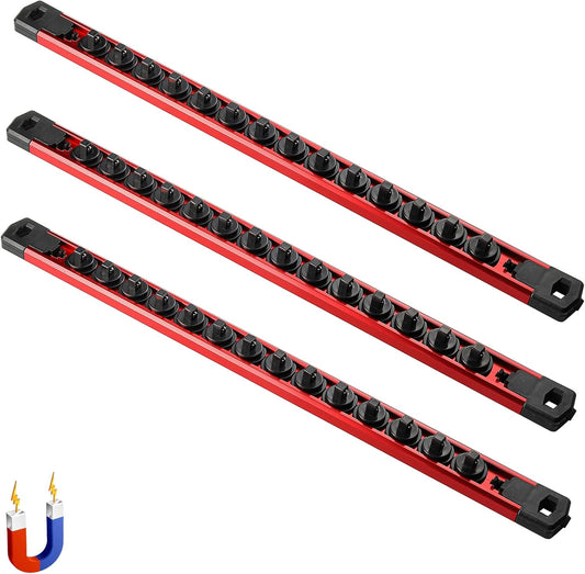 ALOANES 3-Piece Magnetic Socket Organizer, Heavy Duty Aluminum Socket Rails Organizer, 360° Swivel Clips Socket Holder Kit for Tool Box, 1/4-Inch Socket Holder x 42 Clips (Red)