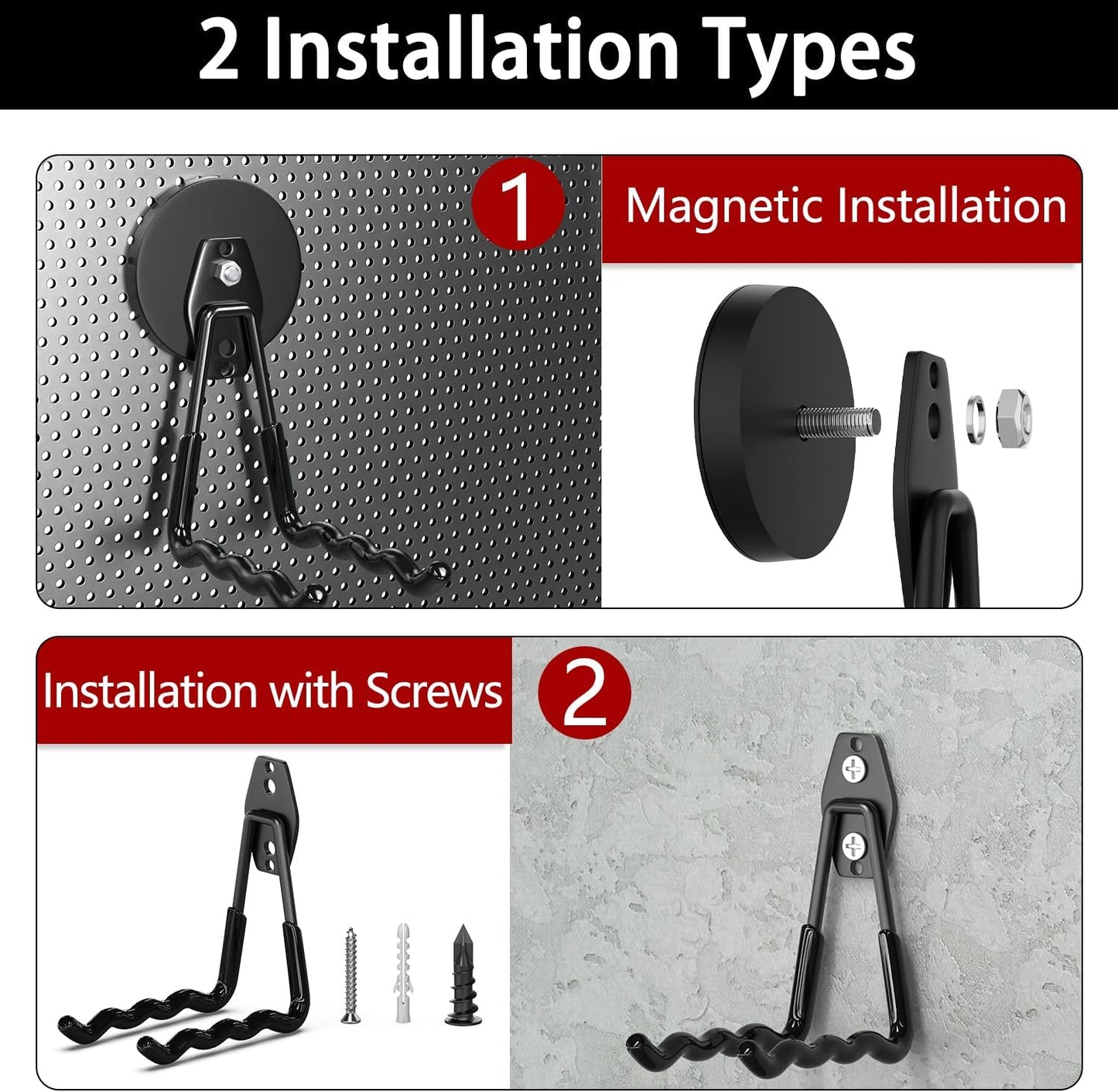 3-H Magnetic Wave Hooks Heavy Duty 4 Pack, Large Magnet Garage Hooks Heavy Duty and Strong Utility Magnetic Tool Holde for Hanging and organizing Garden Power Tool (Black